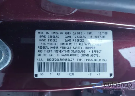 2009 Honda Accord 2.4 Lx-P from USA, damaged, VIN 1HGCP26479A089427